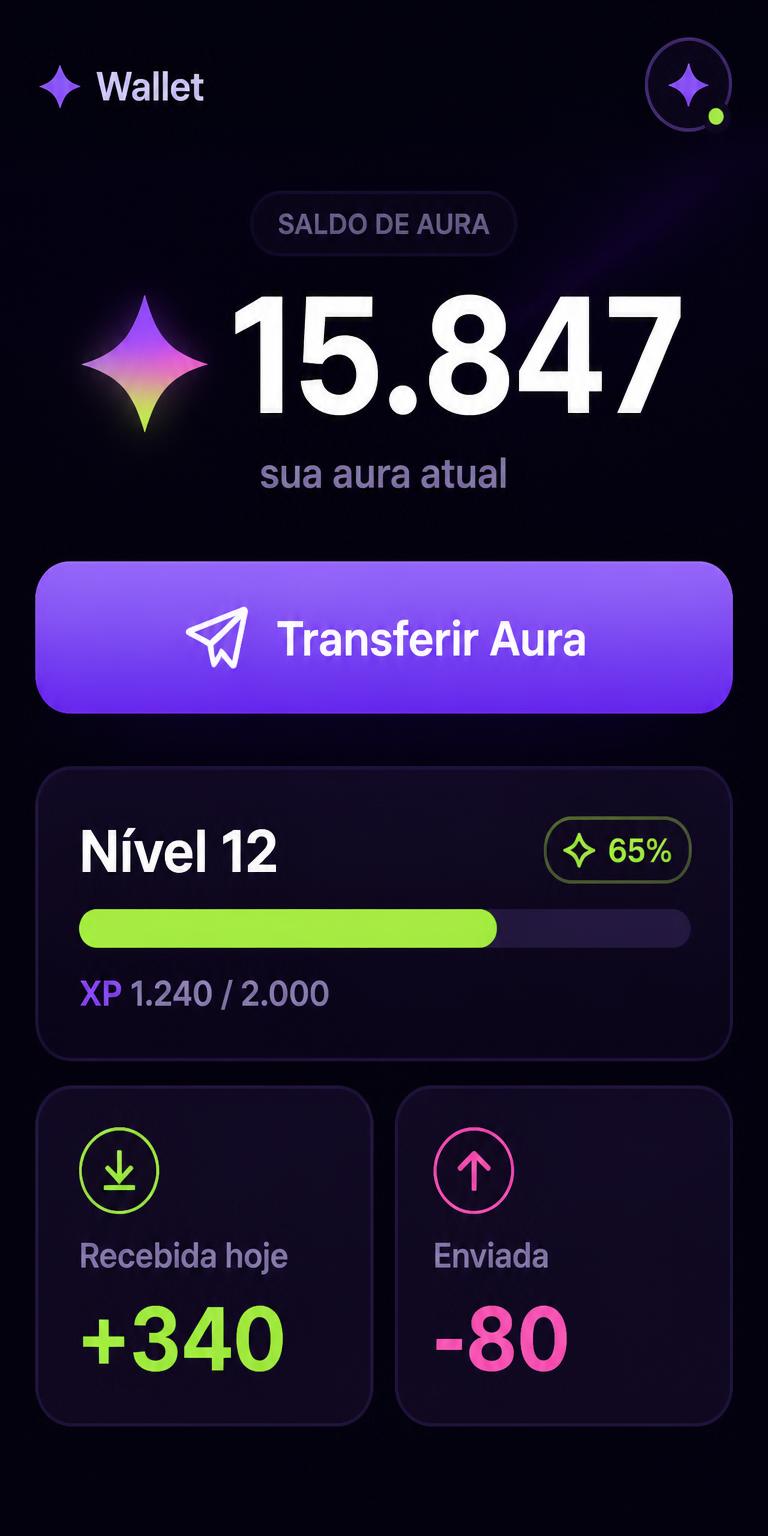 Tela da carteira com saldo de aura e botão de transferir